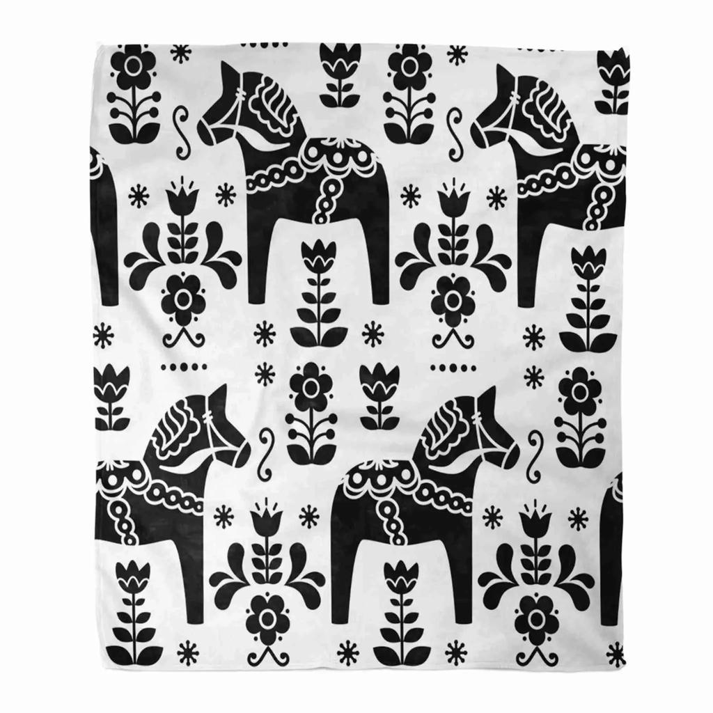 Flannel Fleece Throw Blanket for Couch, Floral Swedish Dala Horses Lightweight Plush Fuzzy Cozy Soft Blankets Throws Bed Sofa