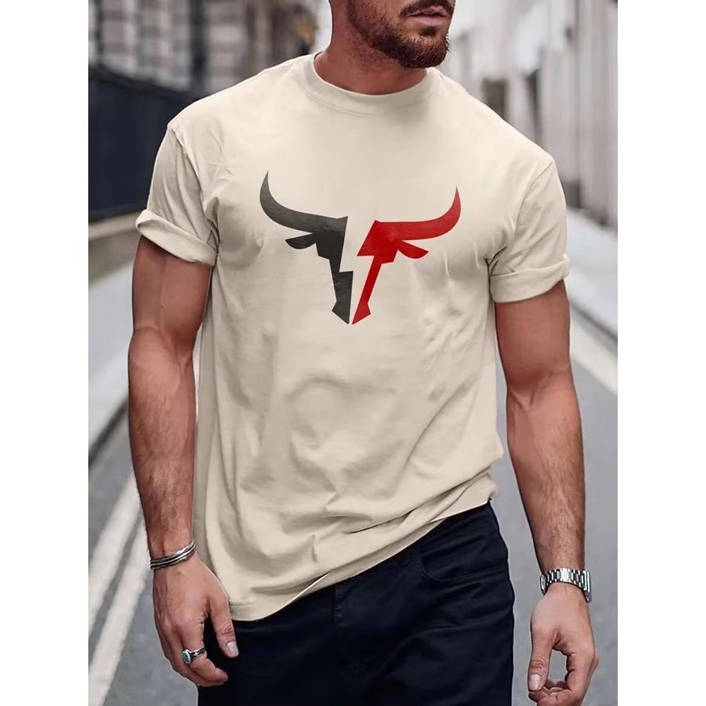2024 New Summer Daily Casual Men's T-shirt Outdoor Street Men Fashion Short-sleeved Top 3D Bull Head Print Men's T-shirt