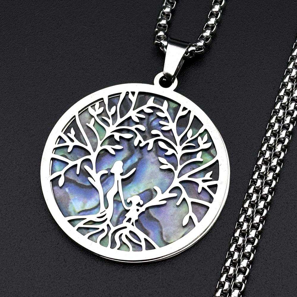 Mother Child Tree Of Life Abalone Shell Pendant Necklace For Women Men Stainless Steel Love Family Healing Charm Chain Jewelry