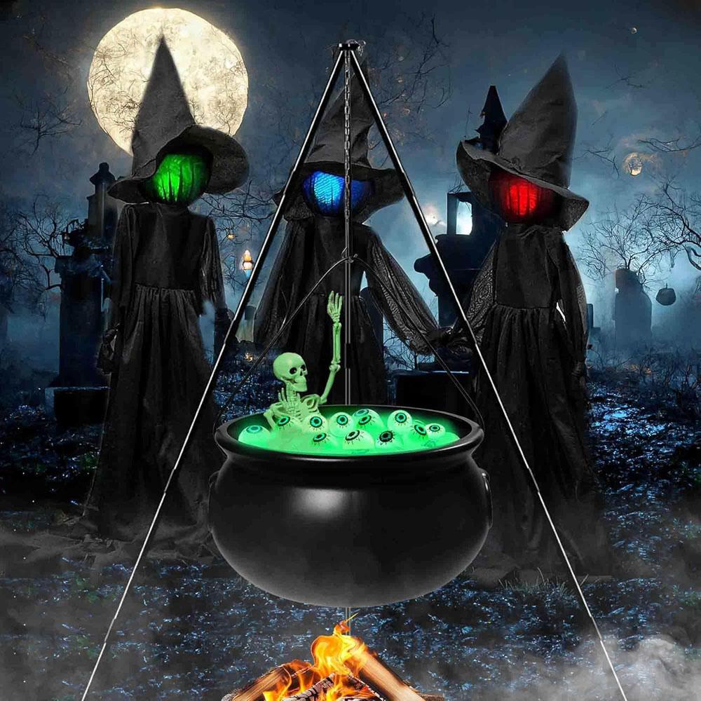 Witches Cauldron for Yard Decorations Halloween Witch Cauldron with Tripod with Eyeballs String Lights and Skeleton for Home
