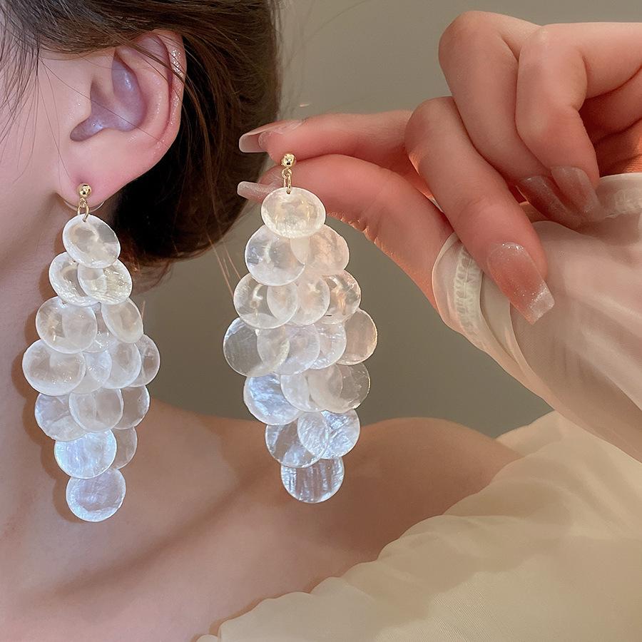 Silver Geometric Seashell Tassel Stud Earrings – Beach Vacation Style for Women
