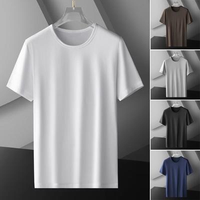 Men Summer T-shirt Round Neck Short Sleeves Solid Color Stretchy Thin Quick Dry Simple Style Casual Daily Wear Sport Top