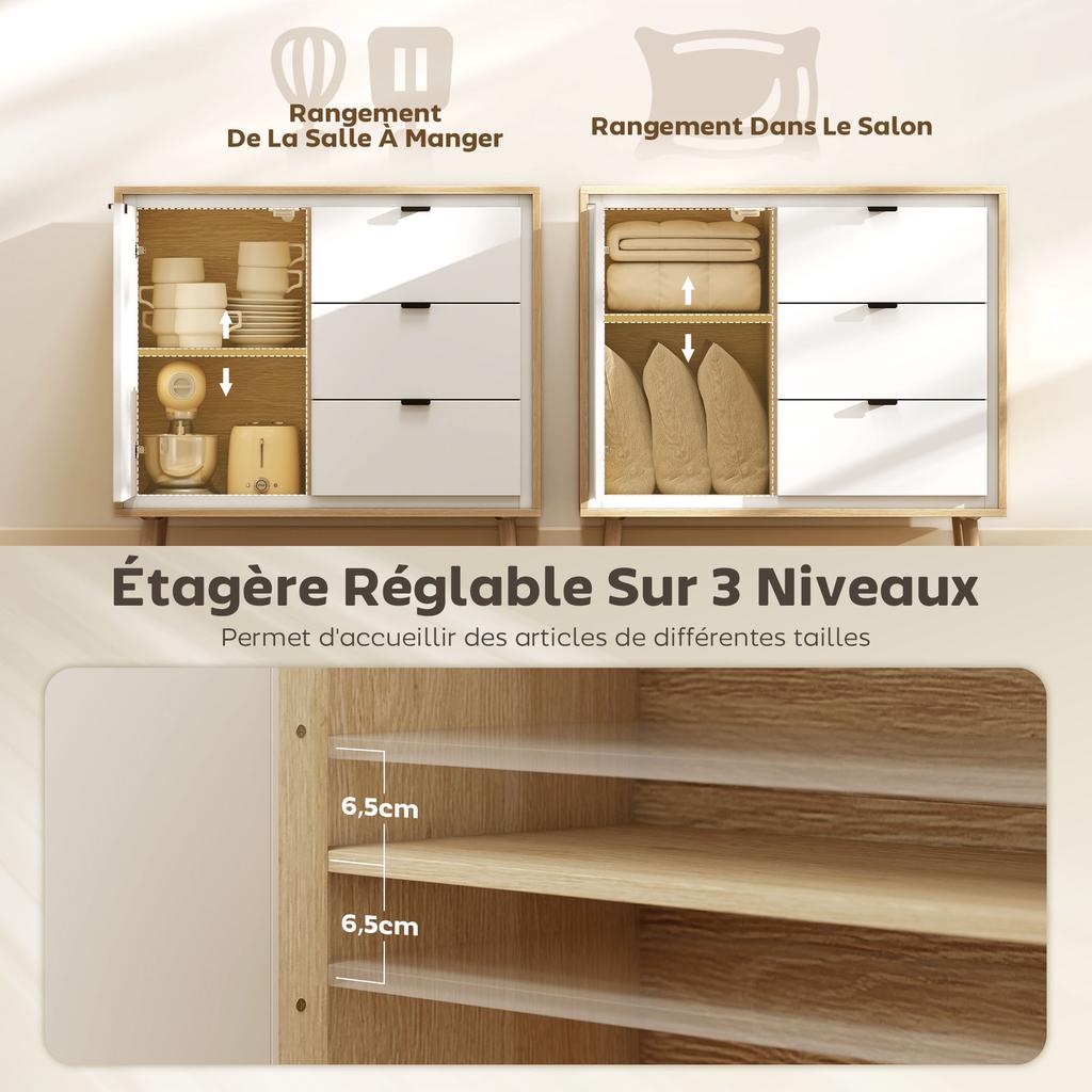 Buffet Sideboard Storage Cabinet Kitchen Cupboard With 2 Doors 3 Drawers And Adjustable Shelf 80x35x77cm White