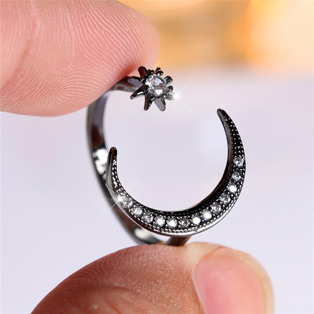 Charm Female Crystal Moon Star Open Ring Black Gold Color Vintage Wedding Jewelry For Women