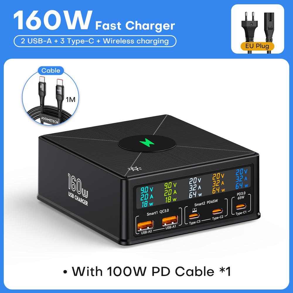 

160 Вт 5-портовая зарядная станция USB-C PD65W QC3.0 быстрое зарядное устройство с отдельным дисплеем 15 Вт беспроводное зарядное устройство для iPhone SamsungLaptop EU Plug чёрный