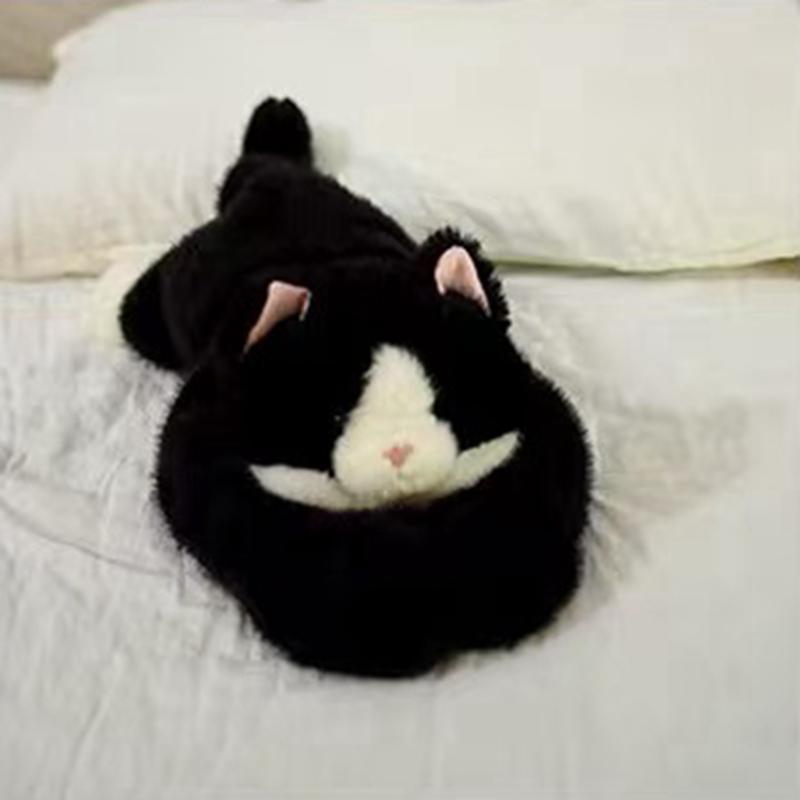 Flat Black White Tuxedo Cat Plush Cozy Toy Cute Doll Rounded Squat Silhouette Pink Inner Ear Simple Gentle Facial Stitch Compact