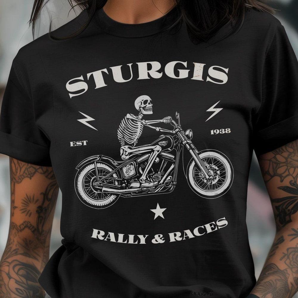 Sturgis Rally & Races Skeleton Biker T-Shirt – Vintage Motorcycle Skull Tee, Retro Biker Event Apparel, Sturgis T-Shirt, Vintage Sturgis L