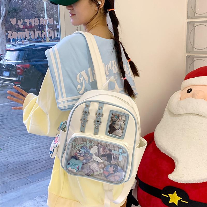 

Blocked Color Simple Student Backpack With Transparent Compartment Badge Display синий