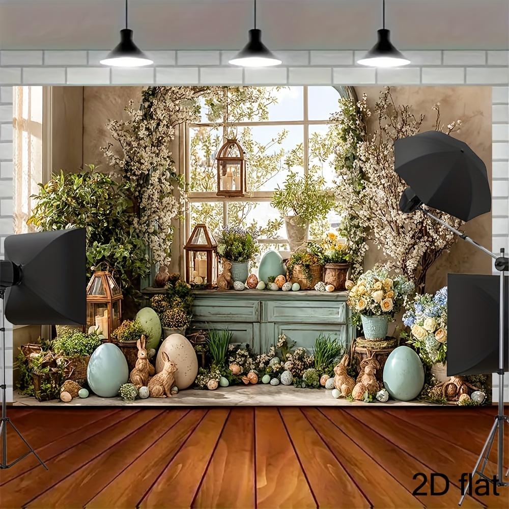 2D flat Easter-themed background with soft-colored Easter eggs and rabbits on the windowsill rabbits and Easter eggs 100x150cm