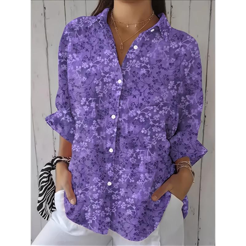 Fashionable and Elegant Plus Size Printed Long Sleeved Lapel Casual Women's Shirt