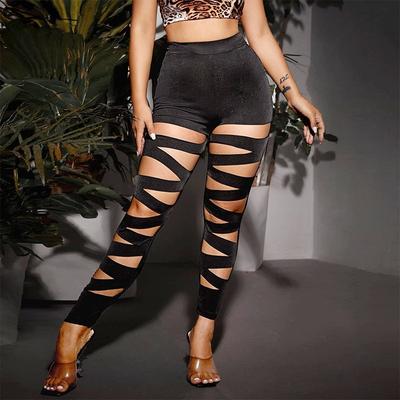 Women Bandage Cut Out Leggings Pencil Pants High Waist Elastic Skinny Yoga Fitness
