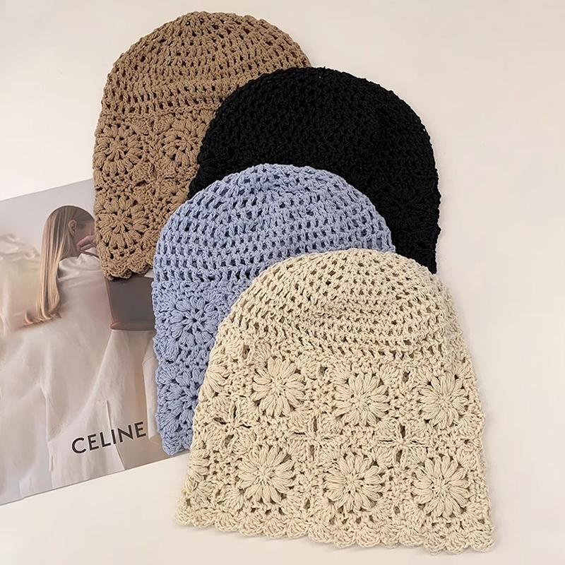 Atmungsaktive Ausgehöhlte Strickmütze Blumen Lässige Baskenmütze Sommer Blumen Atmungsaktive Baumwolle Skullies Sonnenschirm Frauen