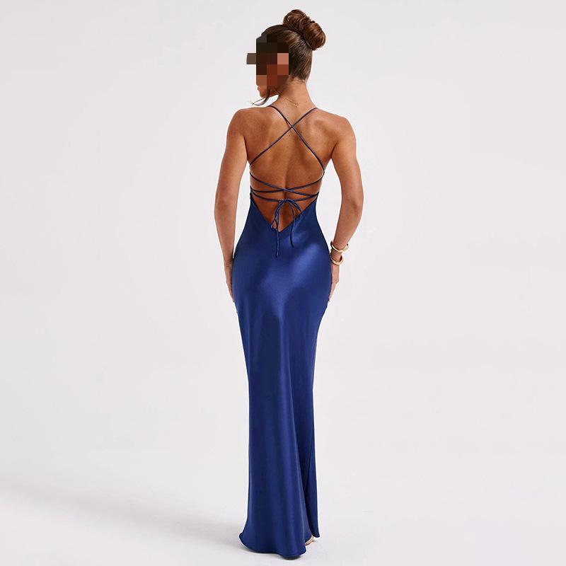 European and American Summer Temperament Sexy Suspender High Elasticity Satin Backless Strap Slim Long Dress