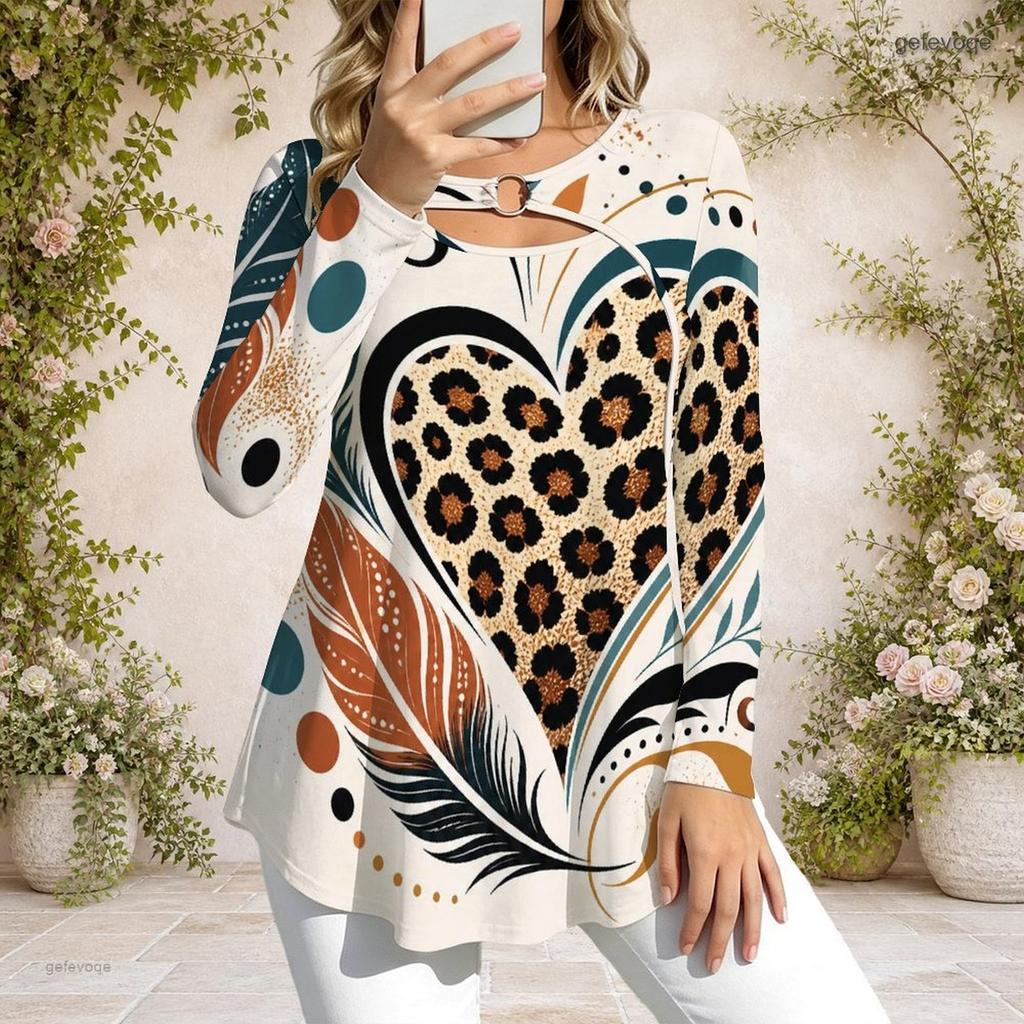 Ladies Plus Size Long Sleeve Casual Tee Metal Ring Neck Feature For Everyday Casual Styling