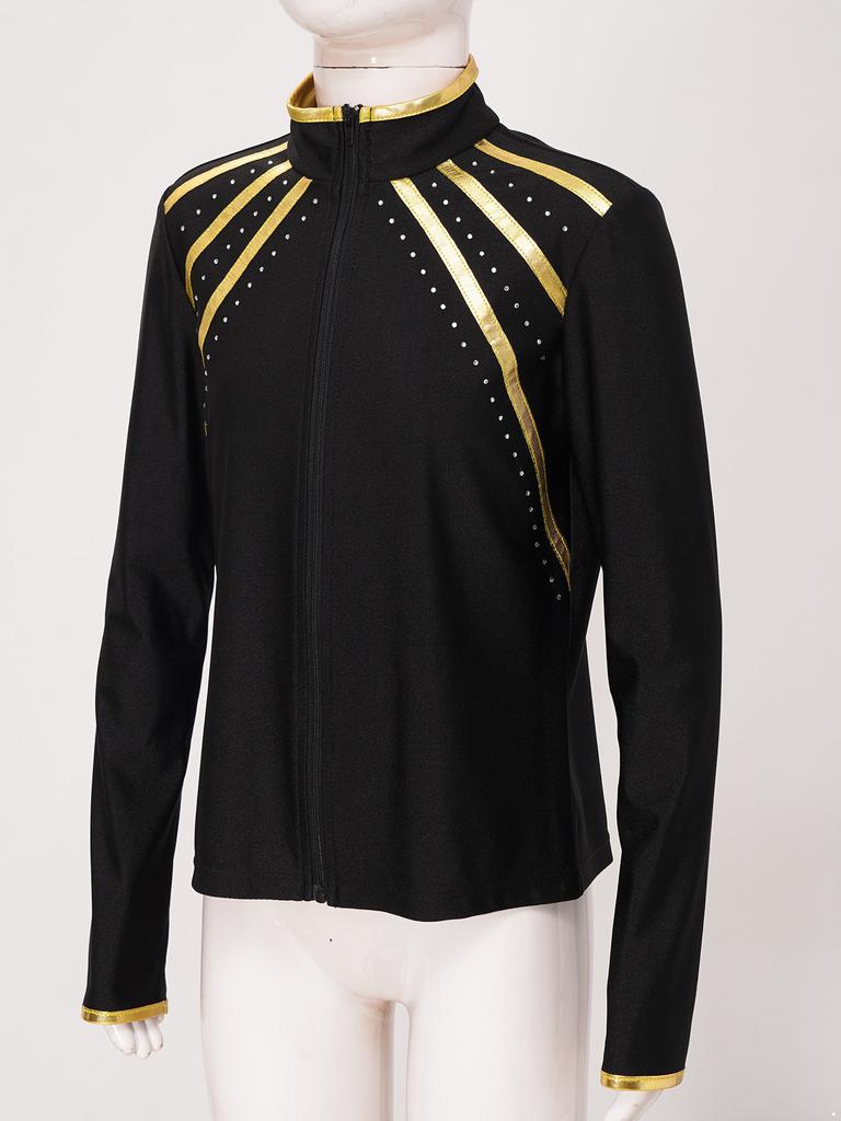 Sweat à capuche enfant scintillant avec strass et rayures métalliques, fermeture éclair, col montant, manches longues pour le patinage artistique, la gymnastique, l'entraînement
