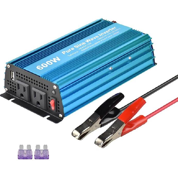 DC 12V to AC120V Pure Sine Wave Power Inverter 600W with Dual sockets Output and DC 5V 2Amp USB Output. Ideal for Most Small Power appliances. (600W)