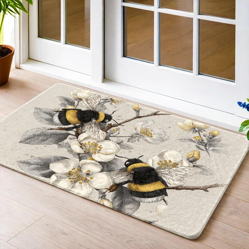 1pc Vintage Bee Flower Suitable for Living Room, Non-Slip Rubber Backing Carpet, Machine Washable Floor Mat with Bee &, Suitable for Bedroom
