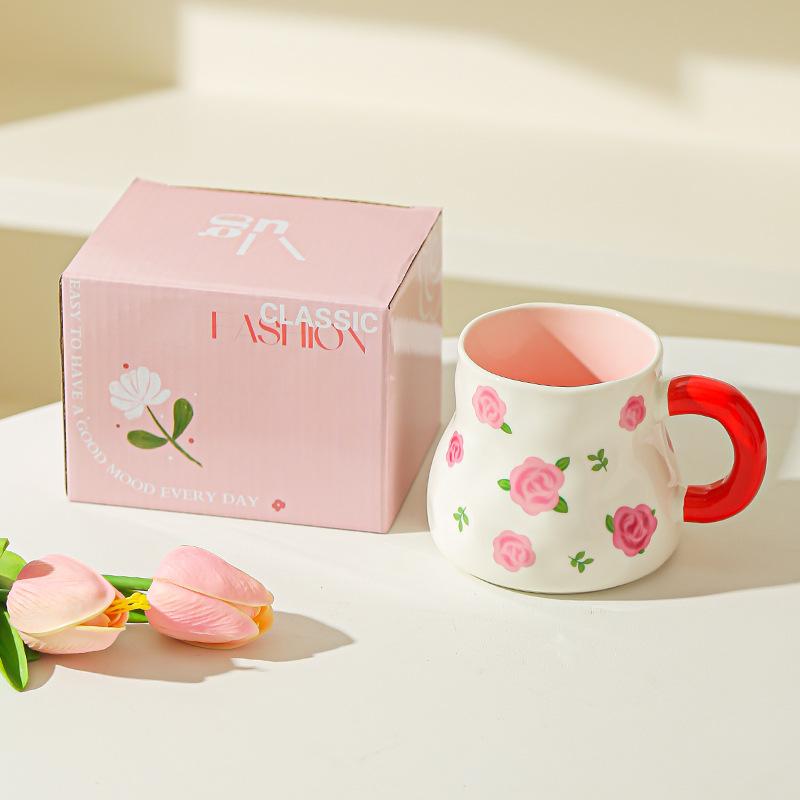 

Керамическая чашка Корейская ручная роспись Подглазурная цветная кружка Милая нишевая чашка для чая, кофе с цветами Сувенир для девушки 401-500ml