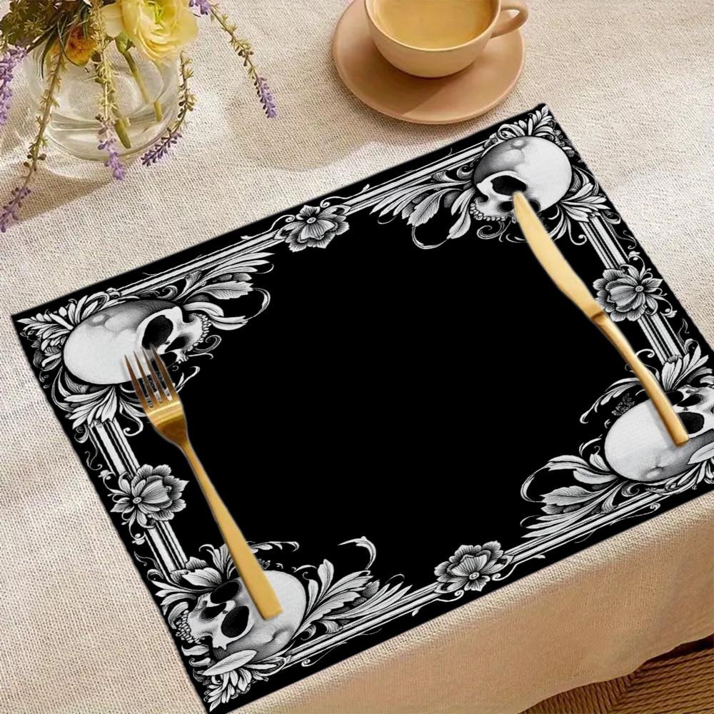

Black And White Skull Floral Pattern Placemat With Elegant Border Design For Halloween Or Gothic Theme Table Setting 6PC 30x45cm