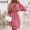 QICED Summer Floral Print Mini Dresses Women Vintage Sexy A-Line V-Neck Half Sleeve Party Dress Female Casual Elegant Beach Dress