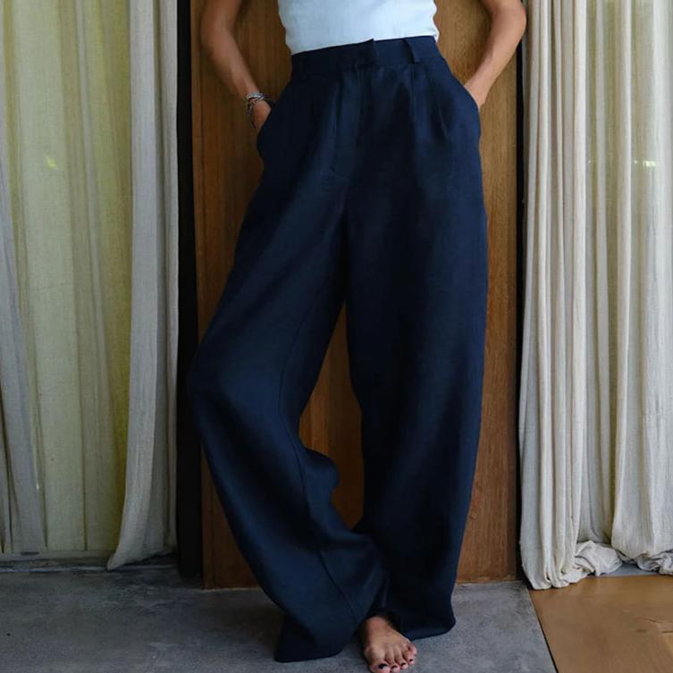 

GMXIA Брюки из хлопка и льна, летние, женские, темпераментные, прямые, повседневные, обтягивающие брюки, брюки из хлопка и льна L синий