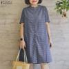 Women Plaid Print Casual Round Neck Short Sleeve Dress