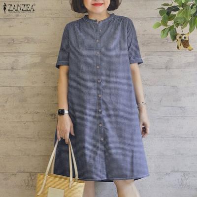 Women Plaid Print Casual Round Neck Short Sleeve Dress