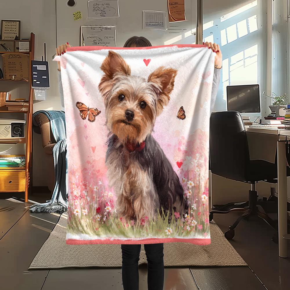 Pink Yorkshire Terrier Pattern Flannel Blanket, High Quality Comfortable for All Seasons, Home Decor, Warmth and Comfort, Perfect for Gifts.