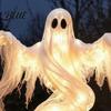 Glowing Tabletop Figures Ghost Pumpkin Yard Lamp Halloween Resin Figurine with Warm LED Light Battery Operated Glow Ornaments Spooky Swirling