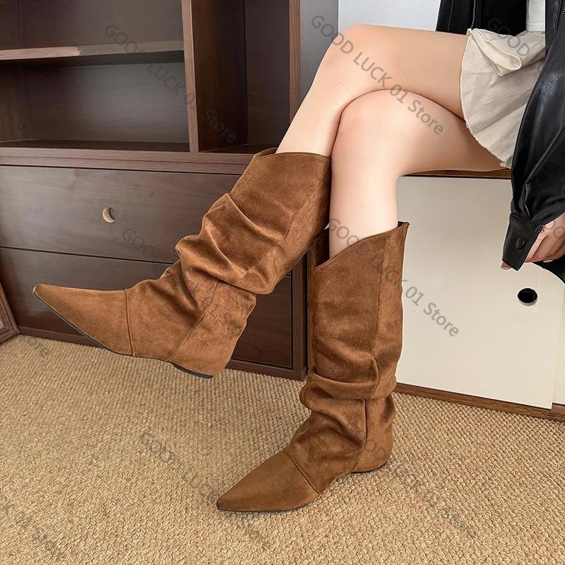 Fashion 2025 Winter Fashion Pleated Woman Knee-High Boots Pointed Toe Internal Elevation Shoes Street Style Mordern Long Botas Mujer