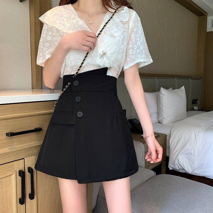

Women s Summer 2024 High Waist Irregular Wide-Leg Pants Skirt S чёрный
