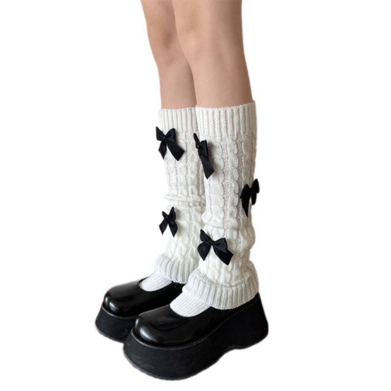 Womens Girls Japanese Cable Knitted Stretch Leg Warmers Sweet Bowknot Accent Leg Covers Footless Boot Socks Streetwear