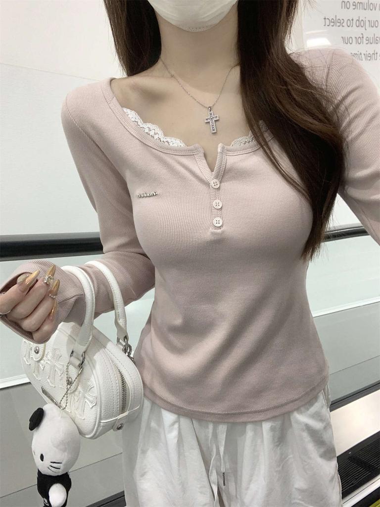 Spitzeneinsatz Fake zweiteiliges T-Shirt Damenoberteil Frühling figurbetont rein halboffener Ausschnitt langärmeliges Unterhemd