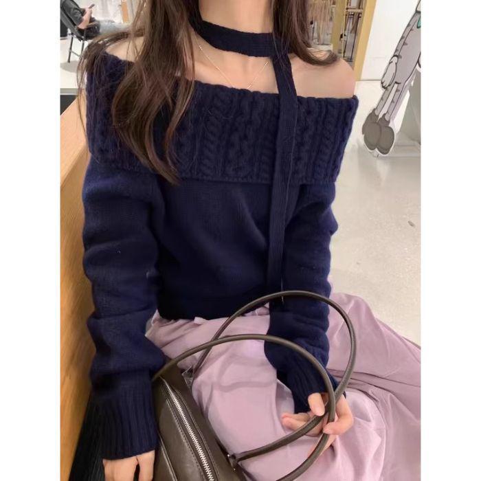 

Серый свитер крупной вязки на одно плечо: Женский зимний топ с длинным рукавом One Size темно-синий