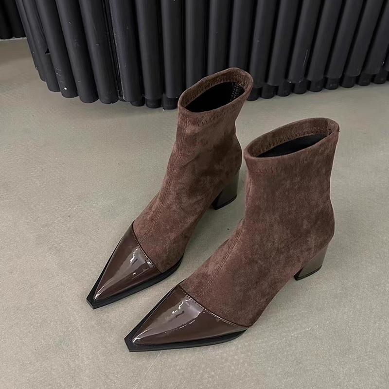 

Винтажные женские ботильоны на толстом каблуке с острым носком, осенне-зимние, элегантные, слипоны, облегающие короткие ботильоны 35 коричневый