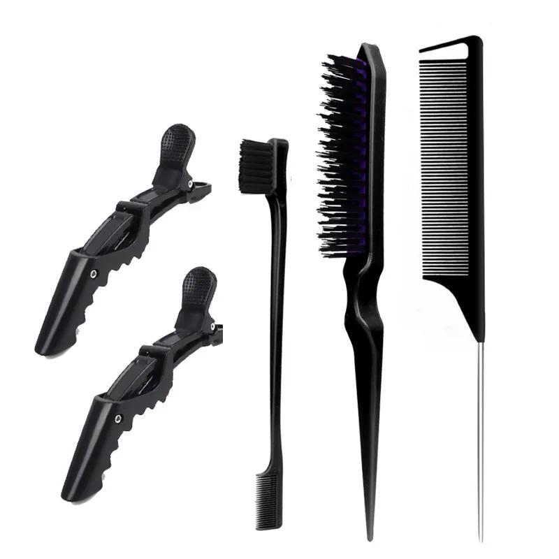 5pcs/set Beauty-health Set Nylon Teasing Brush Rat Tail Comb Double Side Edge Brush Alligator Hair Clips Salon Styling Tools