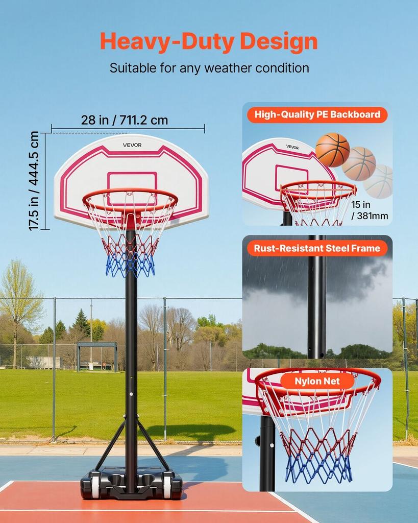 Portable Basketball Stand, 1.6 to 2.1m Height Adjustment Basketball Hoop & Goal, Kids Adjustable Basketballs Hoop with Nylon Net & Rolling Wheels,