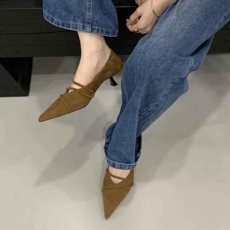 Temperament suede pointed kitten heel single shoes women's autumn and winter new high heels French versatile retro single boots