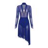 Damen Lyrical Tanzkleid S-XXL: Transparenter Netzstoff Langarm mit glitzernden Strasssteinen & Eingearbeiteten Schrittknöpfen Höschen Rüschen Design