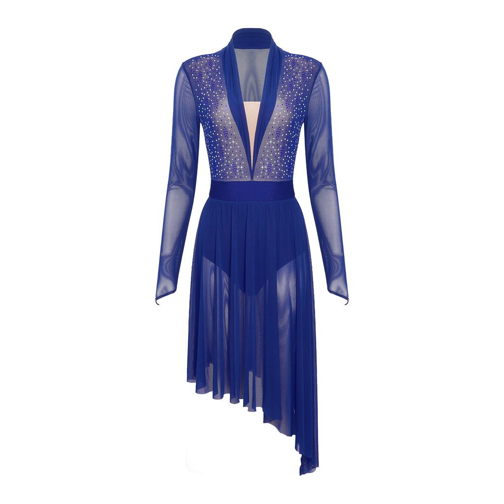 Damen Lyrical Tanzkleid S-XXL: Transparenter Netzstoff Langarm mit glitzernden Strasssteinen & Eingearbeiteten Schrittknöpfen Höschen Rüschen Design