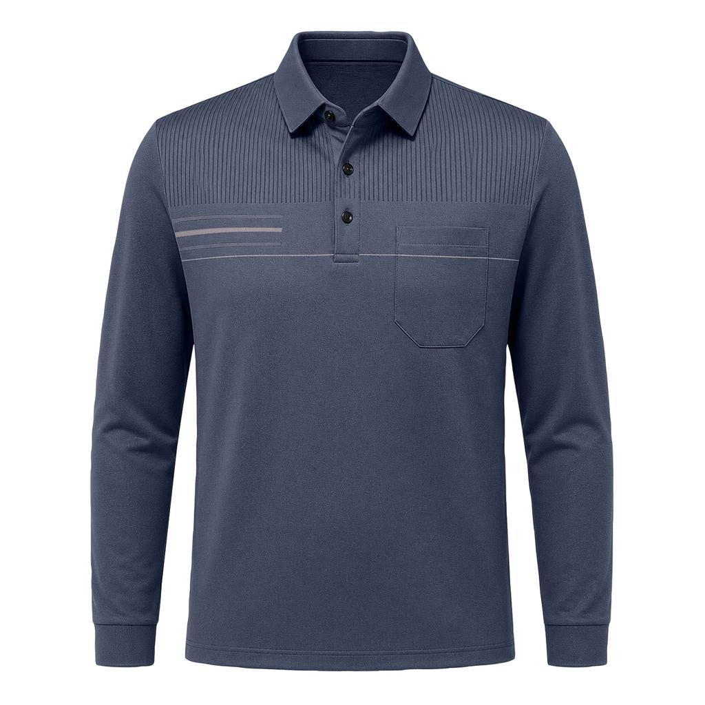 Men's Casual Loose Fit Long Sleeve Polo Shirt Button Down Collar Pocket Design Textured Upper Front Panel Comfortable Fabric