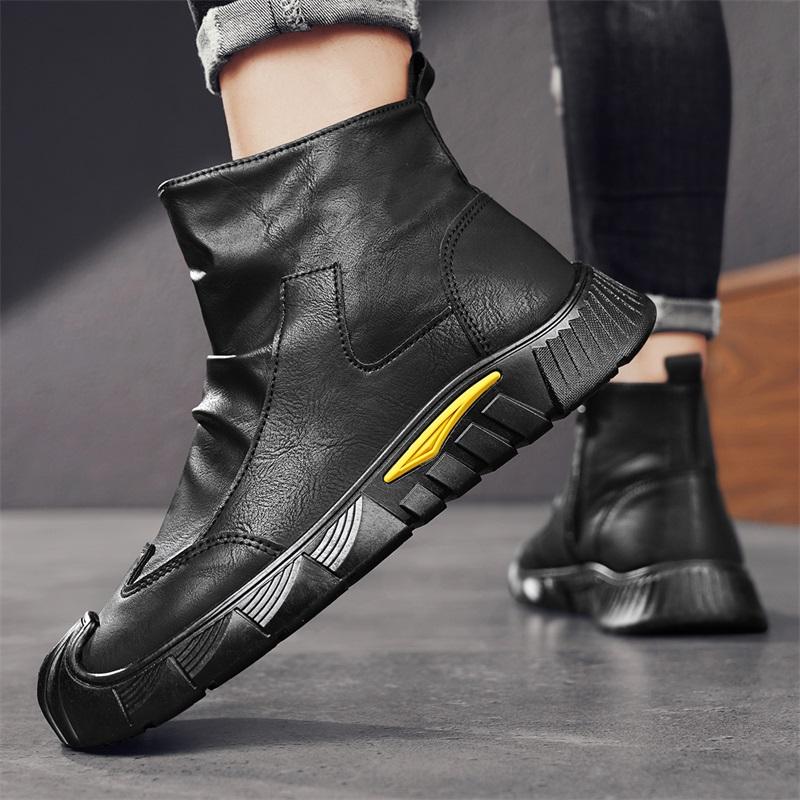 Men's Boots High Cut Workwear Shoes Autumn New Pleated Non Slip Comfort Thick Soled Wear-resistant Fashion Flat Boots