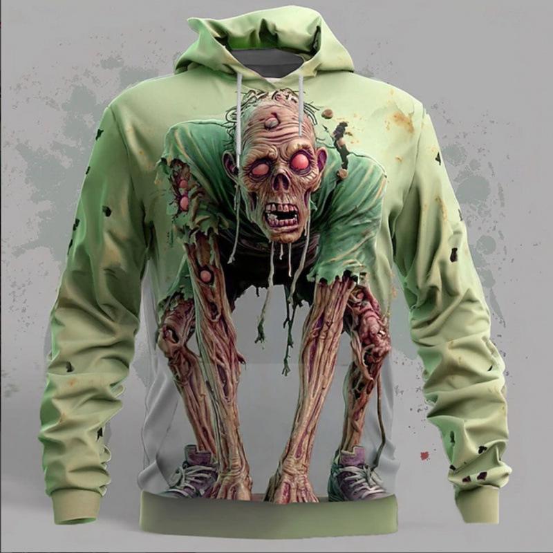 Men s Halloween Zombie 3D Print Hoodie - Punk Crew Neck Sweatshirt for Nightclub Street Casual Wear Double Extra Large 2280₽