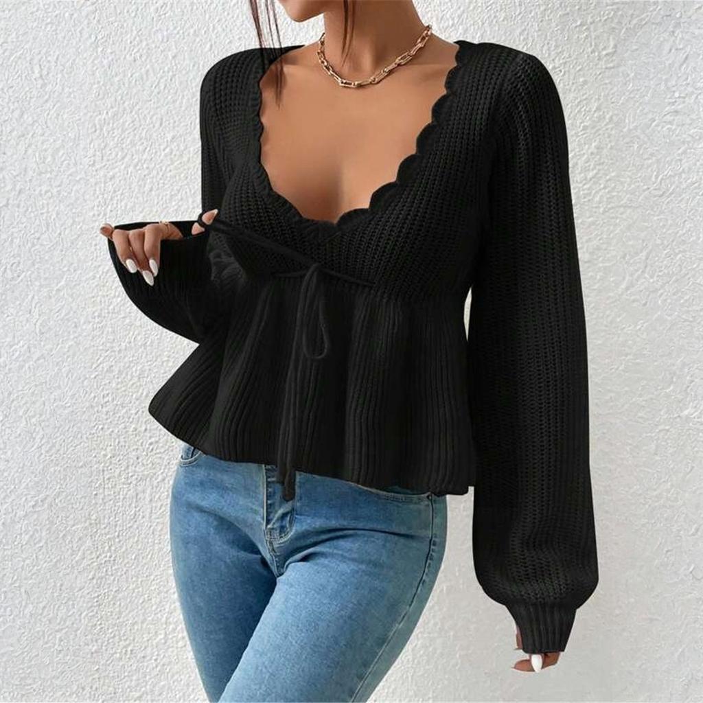Women's Casual Fashion Loose V-neck Drawstring Ruffled Skirt Knitted Pullover Top