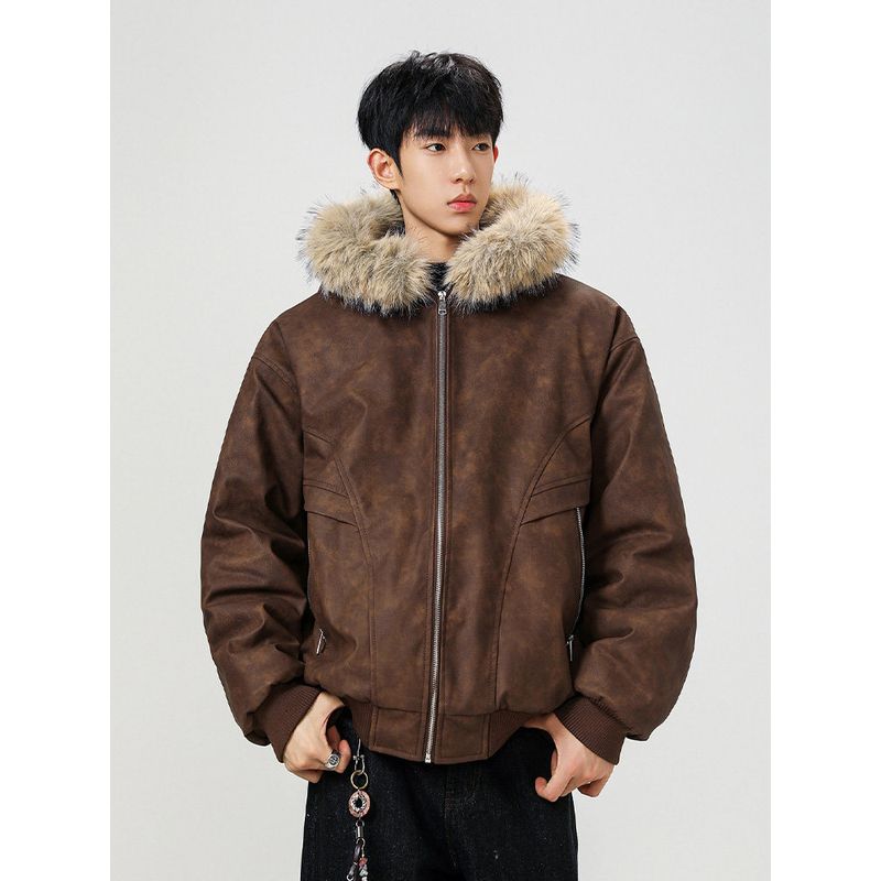 Wassup Large Fur Collar Pu Leather Cotton Jacket for Men and Women, Winter Faux Mink Velvet Thickened Warm Workwear Cotton Coat
