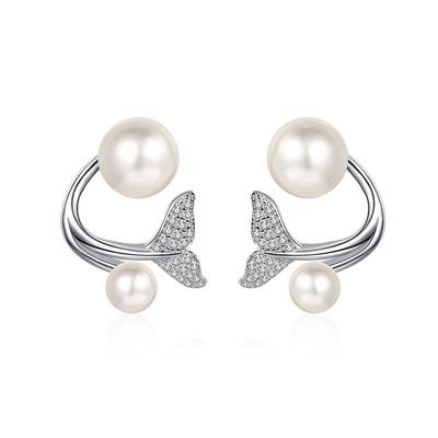 D cor 0,24CT Moissanite Mermaid Ear Jacket Frente Traseira Ear Cuffs Duplo Pérola Brinco Brincos de Pérola Cultivada em Água Doce