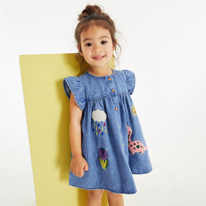 Girls' Short Sleeve Denim Dress Summer Children A-line Skirt Embroidery Cartoon Cute Princess Dresses for Girl