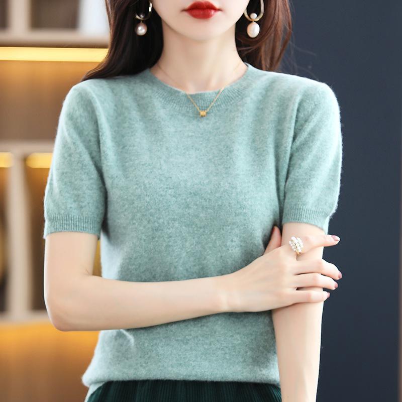 VEZFAA Dámská móda Ležérní podzim Zima Jednobarevné svetry s krátkým rukávem a výstřihem do O