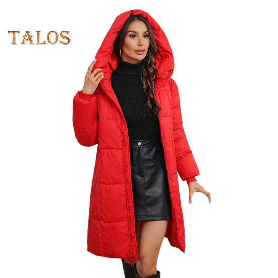 Damska kurtka zimowa z kapturem, gruba, ocieplana, puchowa, wąska talia, zapięcie na zamek błyskawiczny, średniej długości, wiatroszczelna, zimowa, bawełniana kurtka