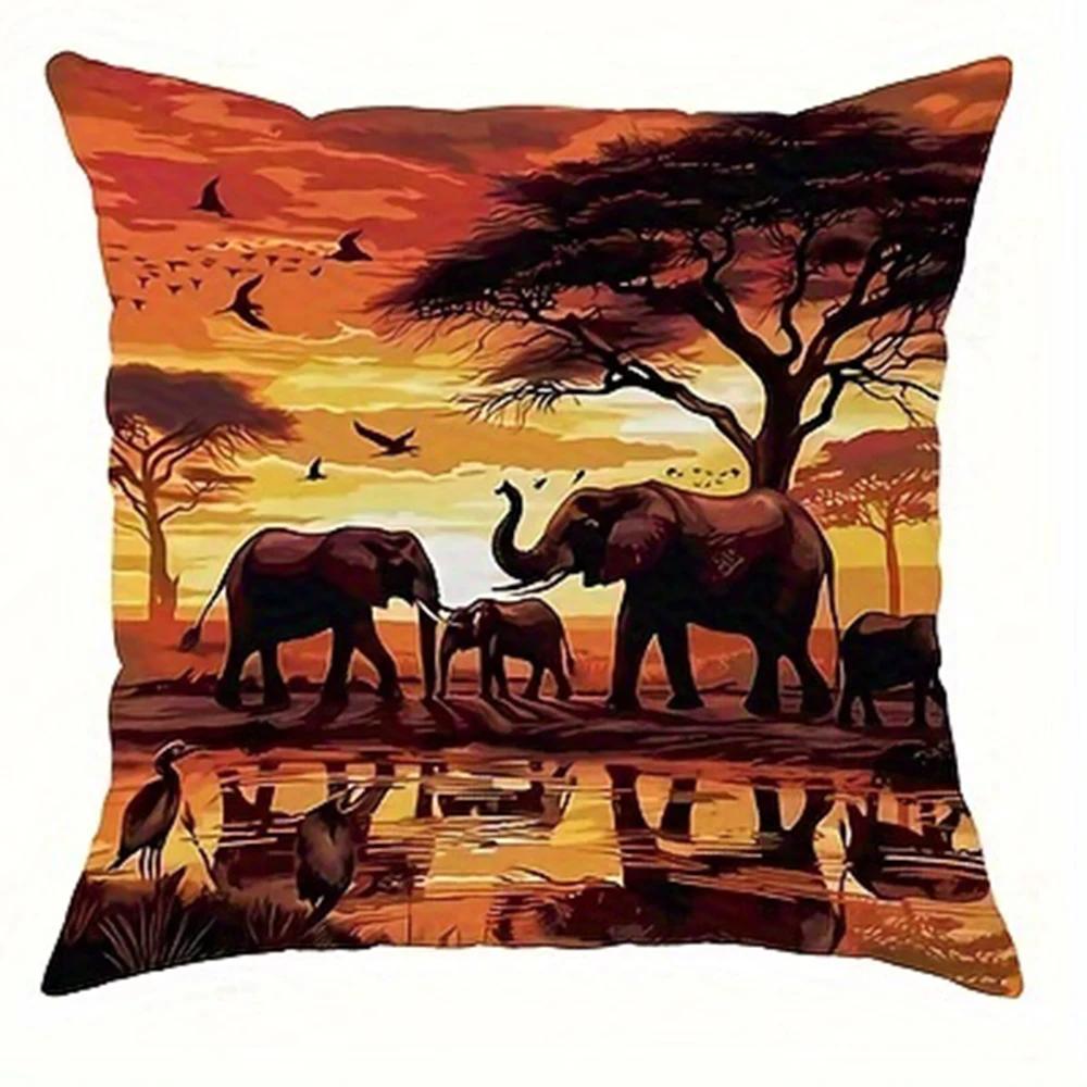 

African elephant decorative pillowcase, pillowcase ultra-soft polyester material living room sofa back car pillowcase decoration 16x16Inch